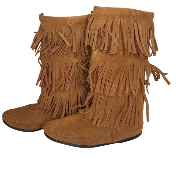 Women's Minnetonka 3-Layer Moccasin Fringe Suede Boot Sz 7 Western Festival Boho - Picture 3 of 8